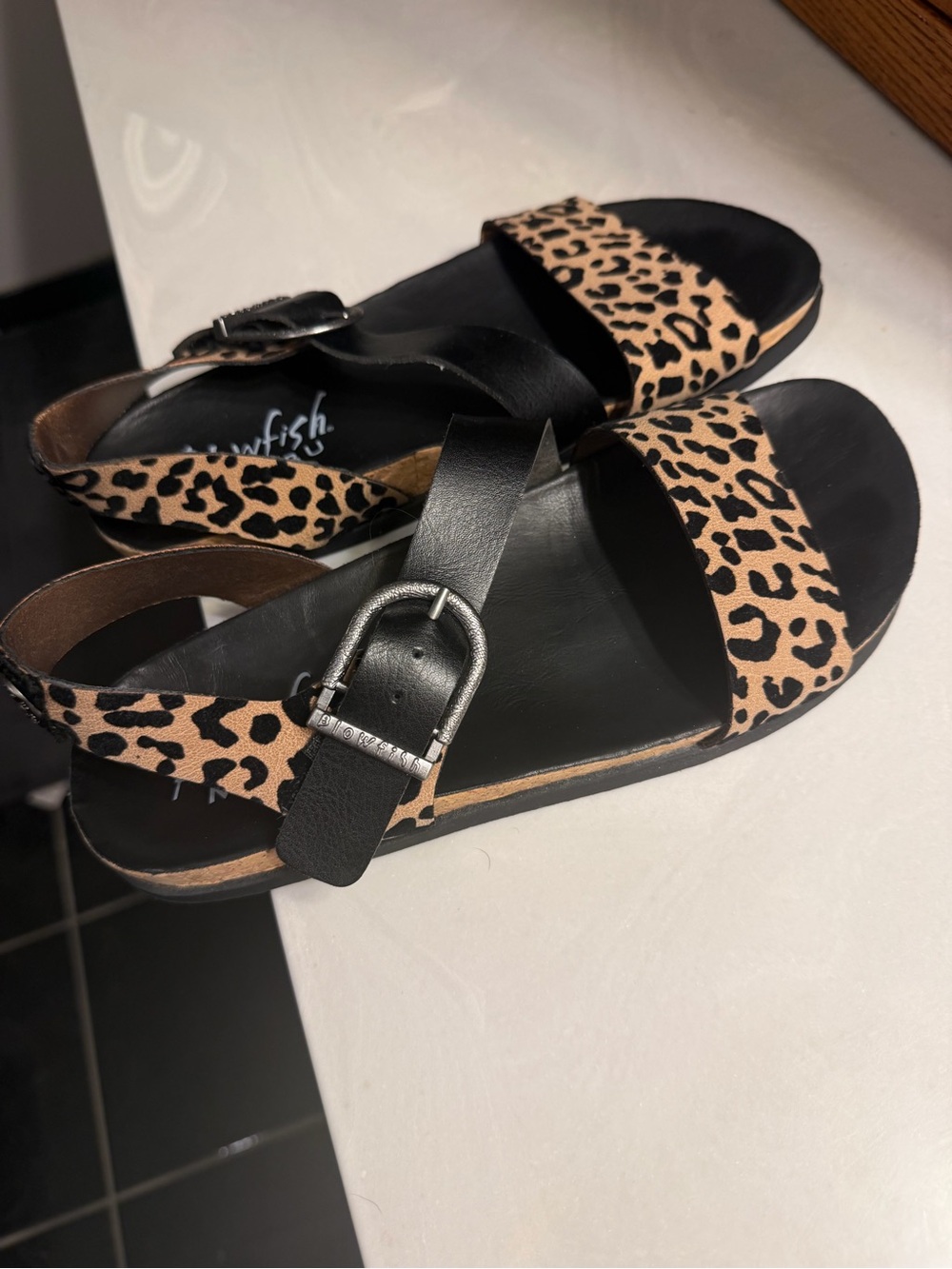 Blowfish Leopard Print Leather Strap Sandals - Black & Tan